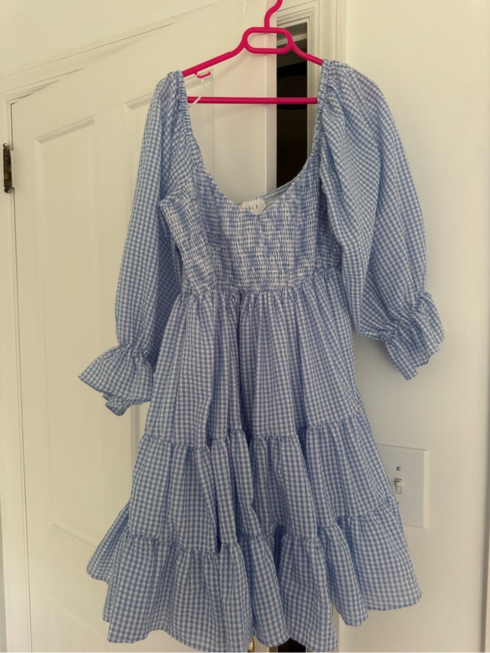 Smocked Gingham Tiered Dress in Light Blue